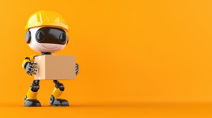 Poster - A cheerful robot in a hard hat holds a package against a bright orange background, symbolizing technology and innovation in logistics.