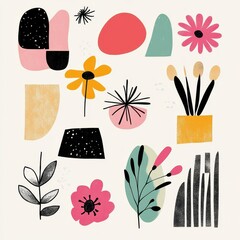 Poster - Abstract floral and geometric shapes arranged on a creamy background