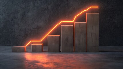 Poster - Business growth chart with glowing neon line and wooden blocks on gray background

