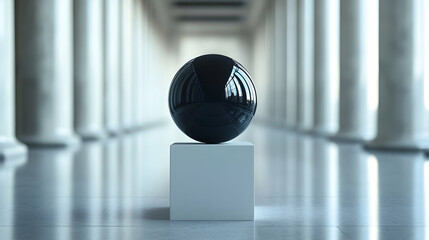 Aufkleber - Sleek Black Sphere on White Cube, A Modern Sculpture in Minimalist Setting