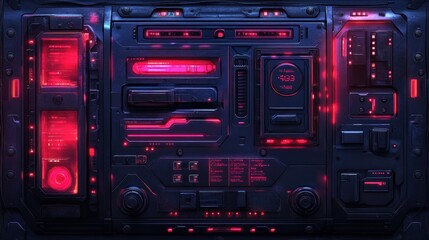Fototapete - Cyberpunk aesthetics close-up view of a futuristic digital control interface in a virtual space