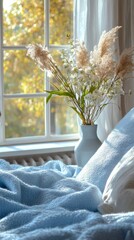 Aufkleber - Soft morning light streams through a window into a tranquil bedroom. A vase filled with delicate flowers sits beside a plush blanket, creating a peaceful, inviting atmosphere