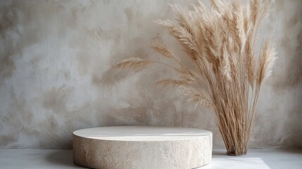 Poster - A serene arrangement features a simple round pedestal made of stone next to a graceful bouquet of dried pampas grass. The backdrop, in soft beige tones, enhances the composition's tranquility