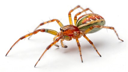 Wall Mural - orb-weaver spider on white: a striking macro shot of a colorful orb-weaver spider, showcasing its in