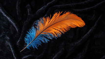 Poster - Vibrant orange and blue feather on dark velvet fabric, showcasing elegance and color contrast