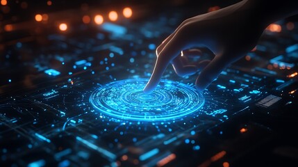 Poster - Hand interacting with futuristic glowing blue holographic interface on circuit board

