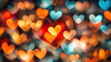Poster - Blurry heart motifs create vibrant bokeh effect in warm colors, evoking love and joy
