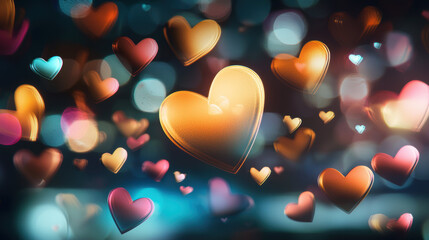 Poster - Floating heart shapes composed of bokeh lights create dreamy atmosphere