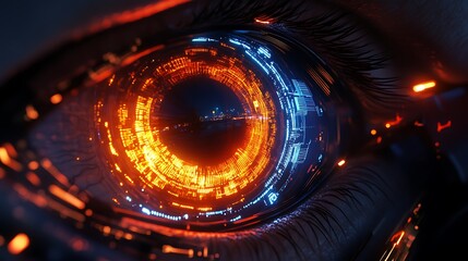 Poster - Extreme close-up of human eye with glowing iris, digital circuitry, and holographic HUD in cyberpunk aesthetic

