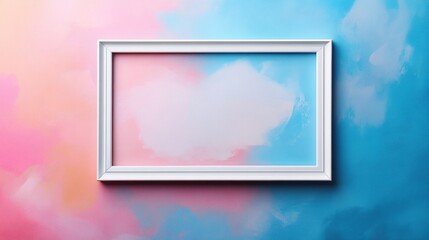 Fototapete - A white frame rests on a dreamy background of pink and blue swirls, creating a serene atmosphere perfect for artistic inspiration. The colors blend harmoniously, inviting creativity