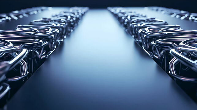Abstract 3D Render of Chrome Tubes Forming Parallel Lines on Dark Blue Background