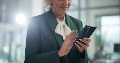 Poster - Happy woman, hands or typing with phone for business communication, chatting or texting at office. Closeup, female person or smile with mobile smartphone for social media app or online browsing