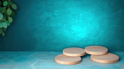 Poster - A serene setting featuring wooden coasters on a textured surface with a turquoise backdrop and green foliage, creating a calming atmosphere.