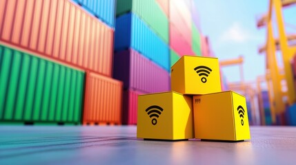 Poster - A vibrant image featuring stacked yellow boxes with Wi-Fi symbols in front of colorful shipping containers.