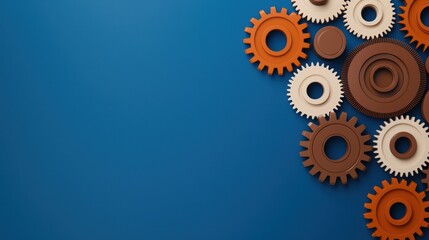 Poster - A creative arrangement of gears in various colors on a blue background, symbolizing mechanics and innovation.
