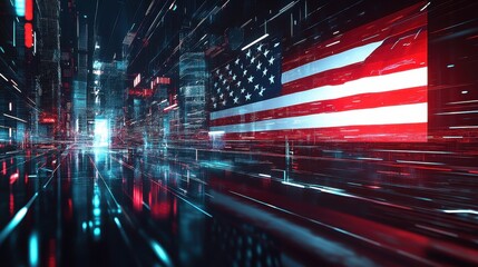 Poster - A Futuristic Cityscape Displaying a Digital American Flag in Bold Colors