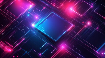 Poster - Colorful light beams dance over a dark background, forming interlocking rectangles and squares that pulsate with energy, revealing a mesmerizing digital landscape