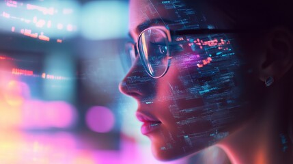 Poster - Woman Programmer Face Digital Code Overlay Technology Future Innovation Modern Glasses Cyberpunk Style Neon Lights Abstract Background Digital Art    