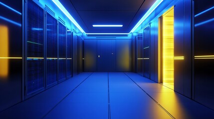 Poster - Modern Data Center Server Room Corridor Blue Yellow Neon Lights Technology Infrastructure Digital Network Abstract Futuristic Technology Background   