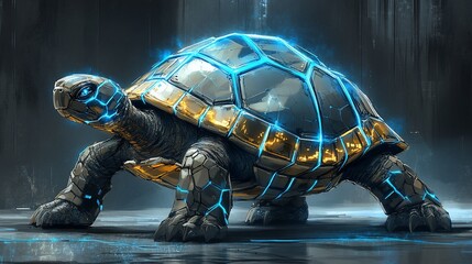 Cybernetic tortoise walking on shiny surface with futuristic blue glow background