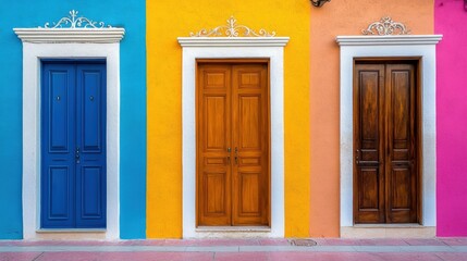 Poster - A vibrant display of three colorful doors against a bright wall, showcasing a blend of blue, orange, and pink hues, enhancing the aesthetic appeal.
