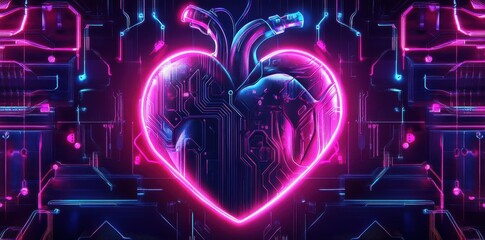 Poster - A glowing heart with electronic circuits and neon lights