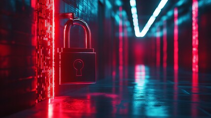 Poster - Cybersecurity Digital Lock Neon Red Blue Lights Abstract Background Technology Data Protection Secure Network Padlock Graphic Design Modern Futuristic