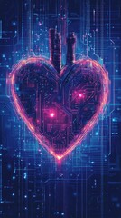 Poster - A neon glowing circuit board heart against a digital background