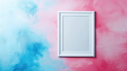Poster - A beautifully framed blank canvas hangs against a dynamic pastel backdrop of soft pink and blue hues, inviting creativity and inspiration in a warm, inviting atmosphere