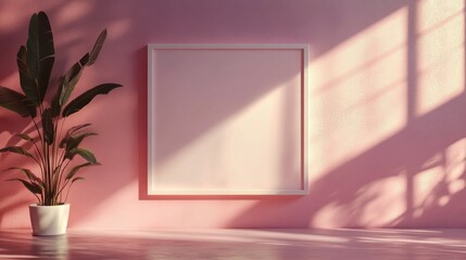 Poster - Soft shadows dance across a pastel pink wall, highlighting a blank frame waiting for artwork. A vibrant green plant in a white pot adds a refreshing touch to the serene space