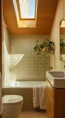 Poster - Warm sunlight streams through the skylight, illuminating the minimalist bathroom adorned with natural wood and greenery. A relaxing atmosphere beckons for a refreshing escape