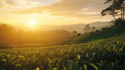 Wall Mural - sunrise over verdant tea plantation in a mountainous landscape