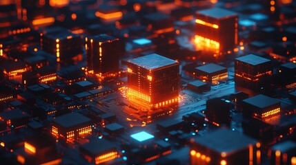 Poster - Abstract Digital Circuit Board Technology Background Orange Glowing Blocks Futuristic Technology Network Data Processing Innovation Modern Digital    