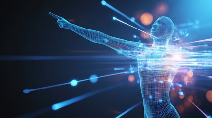 Poster - Dynamic human-like model pointing forward digital space 3d render futuristic environment perspective view innovation concept