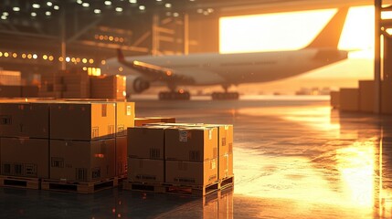 Poster - A warm-lit cargo area with stacked boxes and an airplane in the background, highlighting transportation and logistics in an industrial setting.