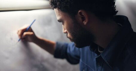 Poster - Man, drawing and paper for car design in montage, workshop or editing process for deadline at night. Person, hands and canvas for sketch, electric vehicle or transport with wheel in studio at company