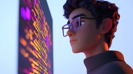 3D illustration of a young programmer working with a screen
