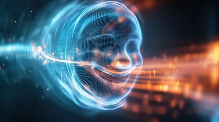 Poster - Dynamic digital face transformation virtual environment 3d animation futuristic technology close-up view ai concept