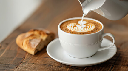 Aufkleber - barista skillfully pours steamed milk into espresso, creating intricate latte art in white cup on wooden table, accompanied by pastry