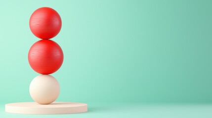 Poster - A minimalist composition featuring three stacked spheres-two red and one white-on a circular base against a soft mint green background.