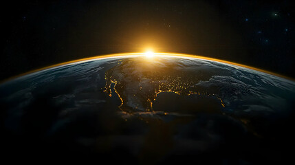 a glorious sunrise over the earth from space with city lights