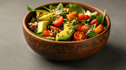 Poster - vibrant quinoa salad with avocado, cherry tomatoes, and mixed greens in rustic bowl. colorful ingredients create fresh and healthy dish, perfect for nutritious meal