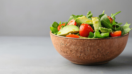 Poster - vibrant quinoa salad with avocado, cherry tomatoes, and mixed greens in rustic bowl, showcasing fresh ingredients and healthy lifestyle