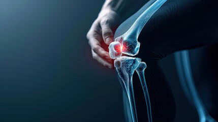 Poster - person holding their knee with X ray visualization showing glowing red fracture, highlighting pain and injury