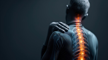 Poster - person experiencing neck pain is depicted with x ray style visualization of spine glowing red, highl