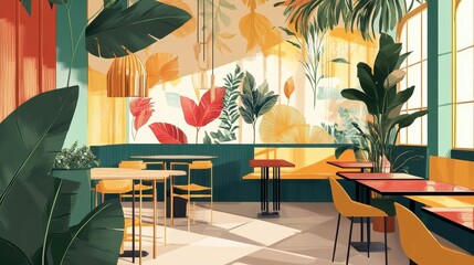Poster - An indoor cafe shows bright decorative plants and tables and chairs