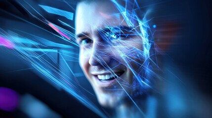Poster - Technology transformation a smiling face amidst digital innovation virtual space graphic design futuristic environment close-up positive outlook
