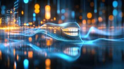 Poster - Futuristic visualization of a smiling face digital city abstract art nighttime artistic view concept of technology and emotion