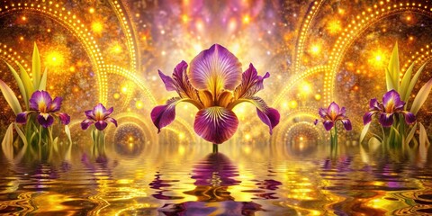 Wall Mural - Serene Purple Irises Reflecting in Golden Water, Surrounded by a Mystical, Sparkling, Celestial Background