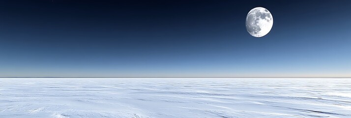 Scenic vast snowfield under a dark blue sky with a bright moon, for nature or space themes